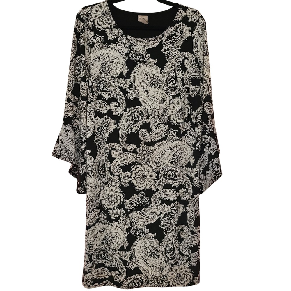 Chico's Black White Paisley Bell Sleeve Shift Dress Size 2 US‎ 12/14 Knee Length